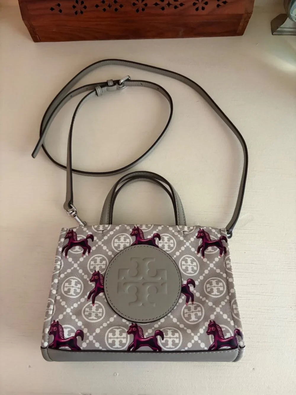 Tory Burch Mini Ella Horse Tote Crossbody Gray & Magenta